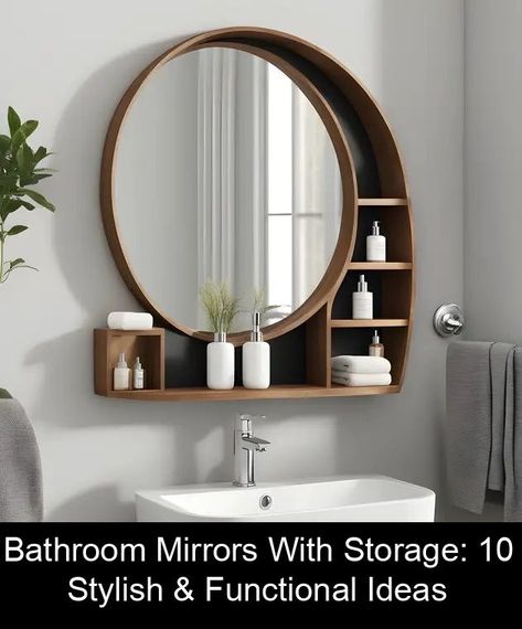 Small Functional Bathroom Vanity, Powder Bathroom Storage Ideas, Creative Bathroom Mirror Ideas, Bathroom Accessories Small Space, Small Bathroom Large Mirror, Round Bathroom Mirror With Storage, Bathroom Shelves Ideas The Wall, Simple Bathroom Cabinets, Bathroom Mirror Next To Window