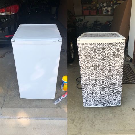 Used contact paper to glam up this fridge! Mini Fridge Contact Paper, Mini Fridge Makeover, Fridge Makeover, Furniture Website, Furniture Rental, Inexpensive Furniture, Garage Makeover, Furniture Warehouse, Freezers