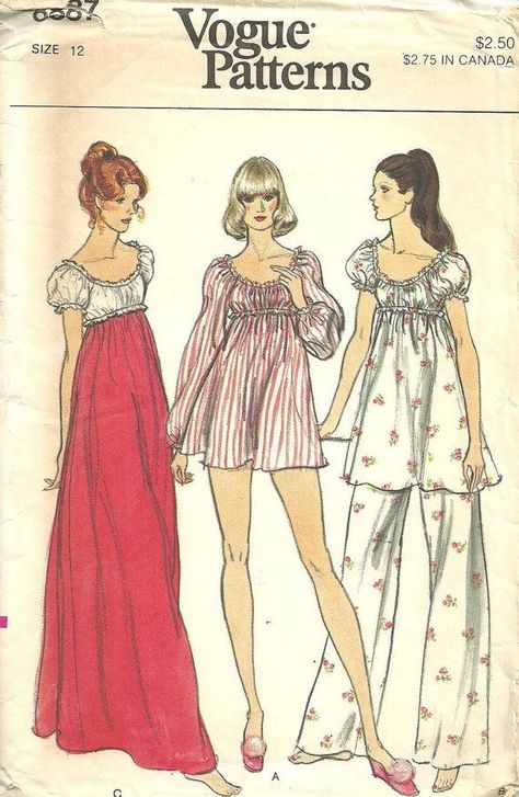 Babydoll Pajamas, Empire Gown, 70s Sewing, 70s Sewing Patterns, Vintage Vogue Sewing Patterns, Pajama Pattern, Fashion Illustration Vintage, Vintage Dress Patterns, Vogue Pattern