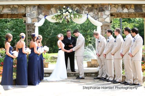 tan suits, white shirt, navy tie and handkerchief...seriously liking this color scheme #NJBride and #NJBridePin2Win Navy Blue And Tan Wedding Theme, Tan Groomsmen, Tux Colors, Khaki Wedding, Navy Wedding Theme, Tan Suits, Comic Wedding, Khaki Suits, Groom And Groomsmen Suits