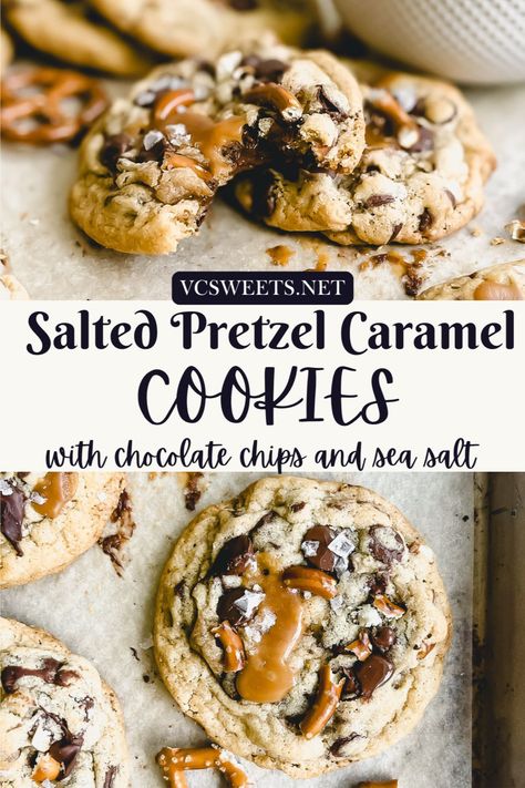 These Easy Pretzel Caramel Cookies are a fun twist on the traditional chocolate chip cookie!! They are loaded with salty, crunchy pretzels, luscious chocolate chips, stuffed and topped with gooey soft caramel, and finished off with a light sprinkle of flaky sea salt. Soft and chewy with buttery rich crisp edges and melt in your mouth chewy centers, they are the perfect blend of sweet and salty down to the last bite!! Caramel Pretzel Squares, Take Five Cookies, Chocolate Sea Salt Caramels, Pretzel Reindeer Cookies, Cookies Using Pretzels, Chocolate Chip Cookies Caramel, Chocolate Chip And Pretzel Cookies, Sweet Salty Chocolate Chip Cookies, Salted Pretzel Cookies