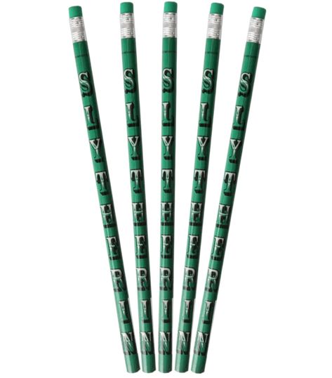 Make your mark with this deluxe set of 5 grey lead Slytherin pencils; an essential for any Harry Potter fan. These unique pencils are designed with traditional Slytherin house colours in emerald green and silver, and feature the name of the house running along the length. These pencils are complete with a green eraser at their crown and are perfect for any witches or wizards looking to add a dash of magic to their stationery collection.Click to purchase a single pencil here. Harry Potter Stationery, Emerald Green And Silver, House Slytherin, Hogwarts Gifts, Hogwarts Acceptance Letter, Harry Potter Shop, House Colours, Slytherin Pride, Slytherin House