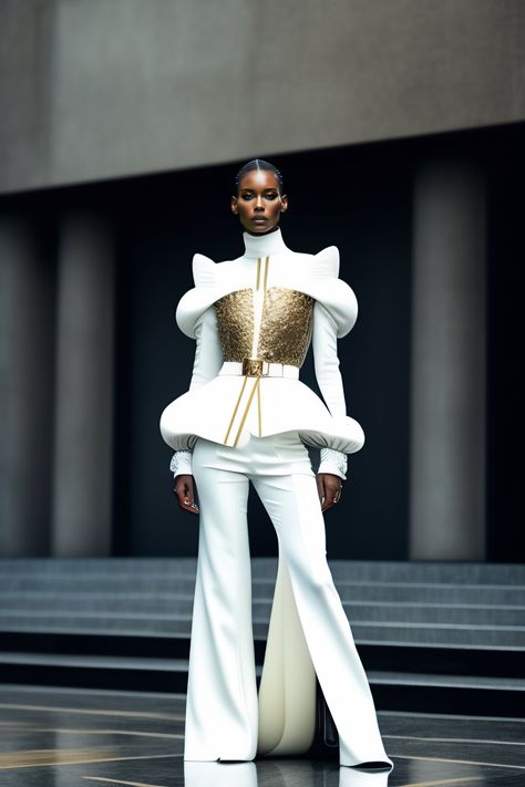 Lexica - Haute Couture Fashion Model in the style of Alexander McQueen in front of futuristic building by Gareth Pugh Futuristic African Fashion, Utopia Costume, Futuristic Design Fashion, Afro Futurism Fashion, Futuristic Fashion Women, Futuristic Fashion Design, Futuristic Dress, Afro Futurism, Futurism Fashion