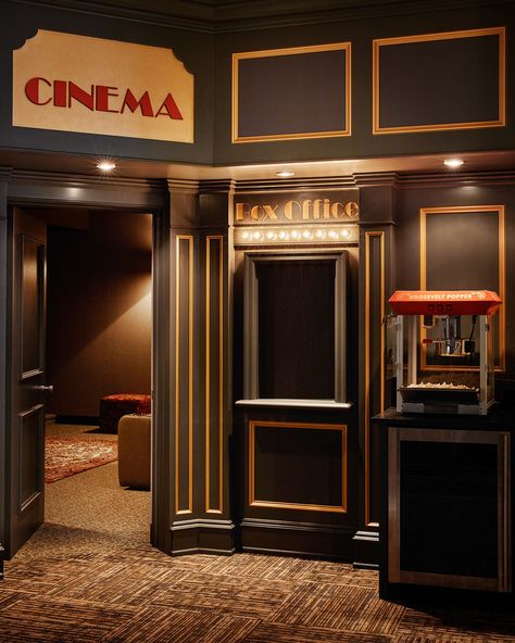 Home Movie Theater Concession Stand, Movie Theater Lobby, Home Cinema Room Ideas, Theater Entrance, Cinema Interior, Cinema Theme, Tv Rum, Cinema Ideas, Art Deco Theater