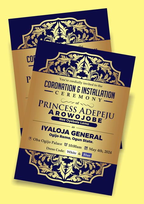 Simple Coronation Invite Card, someone you know may need this too oooo. Coronation Invitation, Welcome Week, Invite Card, Flyer Ideas, Invitation Card, Need This, Invitation Cards, Save The Date, Quick Saves