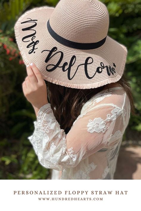 Personalized beach hats make a great gift idea for the bride-to-be! This floppy hat is perfect for taking beautiful pictures on your bachelorette weekend or honeymoon. Complete your bachelorette beach party look with this personalized floppy beach hat from hundredhearts.com Available in 4 colors. Option to add white or black pompom for the extra cuteness! Bachelorette Beach Party, Honeymoon Essentials, Bachelorette Beach, Floppy Sun Hat, Floppy Straw Hat, Floppy Beach Hat, Bachelorette Party Beach, Beach Hats, Floppy Sun Hats