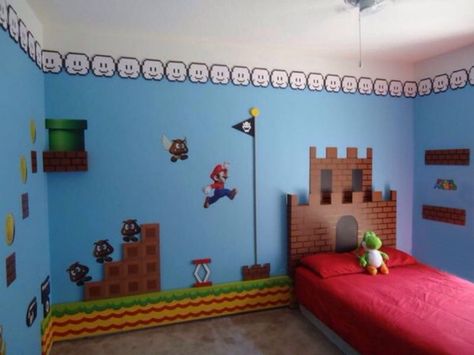 Super Mario kids bedroom. Designed by Build A Room. Mario Bedroom Decor, Mario Bedroom Ideas Boys, Mario Bros Room, Mario Bedroom, Nintendo Room, Kids Bedroom Themes, Super Mario Room, Mario Room, Brothers Room