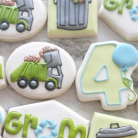 Erica on Instagram: "Whew! It’s been a while since I’ve posted!!! Gram loves the garbage truck, so you KNOW that’s what went on his birthday cookies! Literally, any idea can be cookiefied 🗑️" Trash Truck Cookies, Garbage Truck Cookies, Truck Cookies, Trash Truck, Rubbish Bin, Garbage Truck, Birthday Cookies, How To Make Cookies, Cookie Decorating