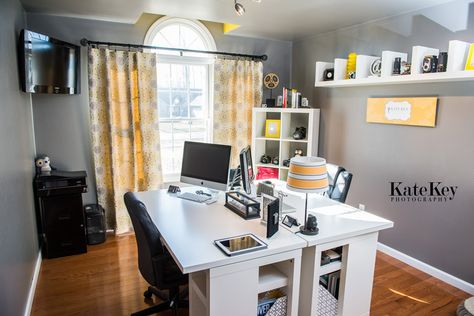 Split Home Office Space, Home Office Two Desks Back To Back, Office For Two Standing Desk, Facing Desks Home Office, Sharing Home Office With Husband, Home Office Double Desk Small Spaces, Home Office Two Desks Facing Each Other, Dueling Desks, Odd Shaped Office Space