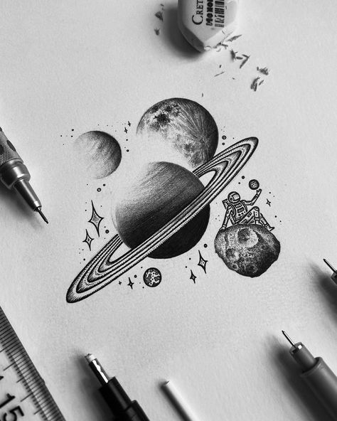 Space Sketches Pencil, Tattoo Add Ons Ideas Half Sleeves, Realistic Space Tattoo, Space Drawing Galaxies Pencil, Space Related Drawings, Galaxy Tattoo Stencil, Space Art Tattoo, Space Related Tattoos, Galaxy Art Drawing