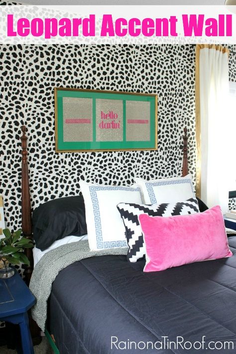 I knew I wanted this bedroom and office to have punch. After much debate, I opted for a black and white leopard accent wall behind the bed. It was easy! Leopard Accent Wall, Guest Bedroom And Office, Accent Wall Stencil, Diy Accent Wall, Accent Wall Bedroom, Leopard Skin, Tin Roof, Wallpaper Accent Wall, Bedroom And Office