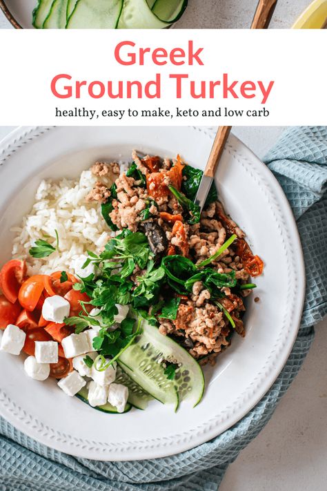 This Greek Ground Turkey is easy to make, ready in fifteen minutes, and the perfect recipe for ground turkey with feta cheese, tomatoes, olives, and tons of Greek flavor. #healthyrecipes #slenderkitchen #dinner #lunch #freezerfriendly #makeahead #quickandeasy Ground Turkey Greek Bowl, Ground Turkey Greek Recipes, Greek Ground Turkey Recipes, Greek Ground Chicken Recipes, Mediterranean Ground Turkey Recipes, Healthy Dinner Recipes Ground Turkey, Ground Turkey Greek, Greek Ground Turkey, Ground Turkey Feta