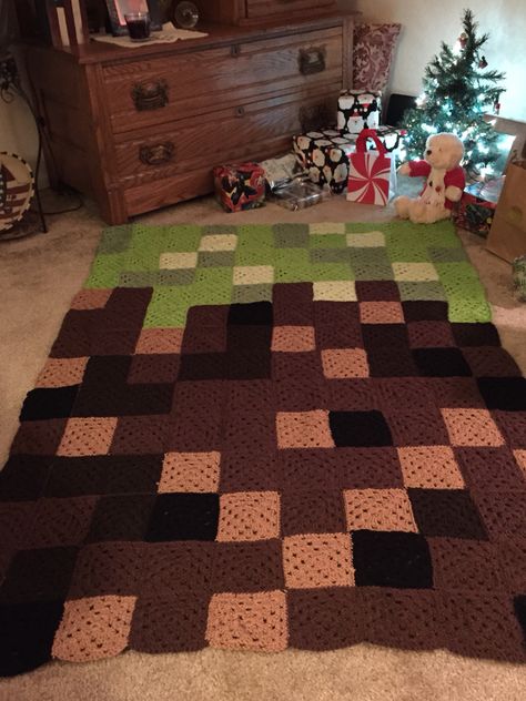 My first granny square crochet blanket. Minecraft. Minecraft Granny Square, Brown Granny Square Blanket, Granny Square Pixel Blanket, Crochet Grid Blanket, Minecraft Crochet Blanket, Crochet Minecraft Blanket, Crochet Picnic Blanket, Minecraft Blanket, Minecraft Crochet