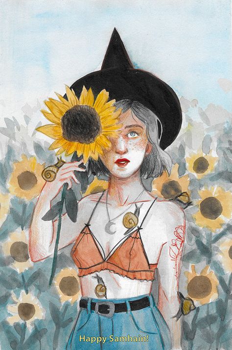 Sunflower Witch, Riverside Cottage, Sunflower Drawing, Witch Spirituality, Illustration Watercolor, Sunflower Art, Witch Art, Art Classes, Colored Pencils