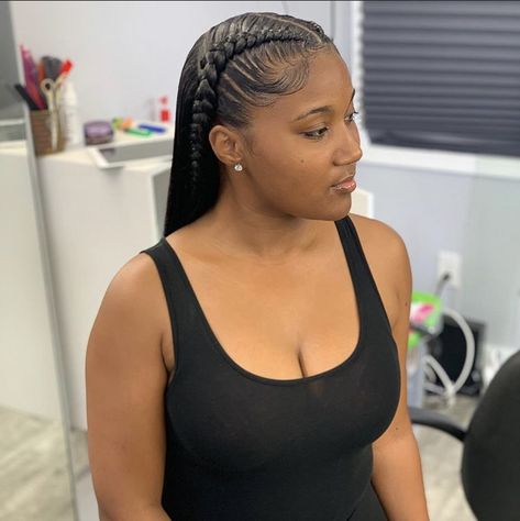 Cornrows In Front Sew In Back, Half Cornrows Half Sewin, Two Feed In Braids With Sew In, 2 Cornrows In Front Weave In Back, Feed In Braids With Straight Hair, Braids In The Front Straight In The Back, 2braids With Quick Weave, Half Cornrows Half Straight Weave, Two Braids Quickweave