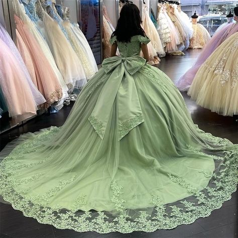 ANGELSBRIDEP Sage Green Off-Shoulder Quinceanera Dresses With Bow Fashion Lace Sweet 16 Ball Gown Sage Green Quinceanera, Quinceanera Dresses Green, Green Quince Dress, Green Quinceanera, Green Quinceanera Dresses, Green Quince, Quinceanera Themes Dresses, Off Shoulder Ball Gown, Princesa Tiana