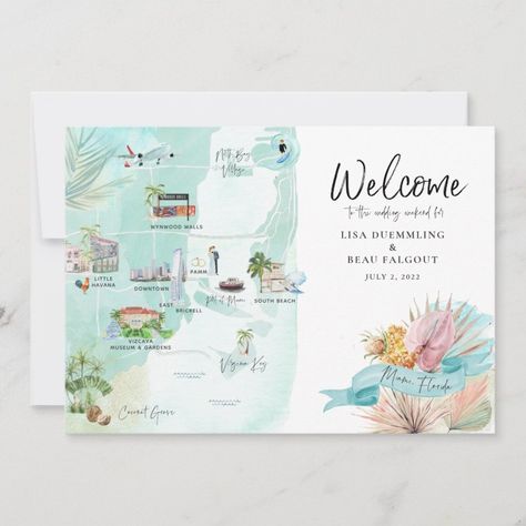 Miami Florida  Wedding Weekend Itinerary Map  Zazzle Destination Wedding Itinerary, Wedding Weekend Itinerary, Map Wedding Invitation, Bachelor Party Invitations, Florida Destination Wedding, Map Wedding, Map Watercolor, Florida Destinations, Destin Florida Wedding