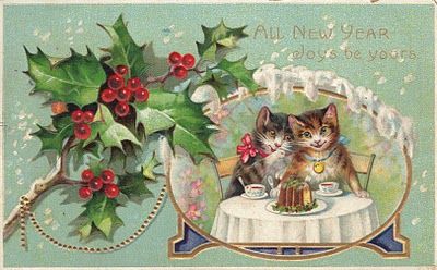 I've definitely got a cat theme going on. Vintage Happy New Year, Valentine History, New Year Postcard, Cat Greeting Cards, New Year Images, Old Fashioned Christmas, New Year Greetings, Antique Postcard, Victorian Christmas