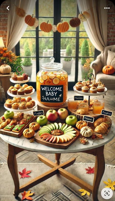 Fall Party Food Display, Fall Baby Shower Ideas Food Table, Pumpkin Sprinkle Party, Fall Snack Table Ideas, Baby Pumpkin Baby Shower Ideas, Pumpkin Themed Food For Party, Lil Punkin Baby Shower Ideas, Baby Boy Shower Themes Fall, Friendsgiving Baby Shower Ideas