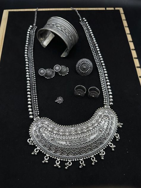 Long antique Oxidised necklace set of 6 with jhumki/ Indian statement necklace tribal jewelry oxidised handmade Bollywood celebrity oxidized Ring Nose Pin, Informal Attire, Earrings Combo, Oxidised Necklace, Chain With Pendant, Oxidized Necklace, Big Necklace, Nose Pin, Earrings Ring