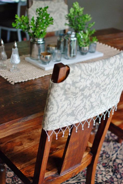 Covers For Wooden Dining Chairs, Spring Dining Room Table Decor, Spring Dining Room, Noel Decor, Furniture Remodel, Unique Upholstery, Diy Chair Covers, Room Table Decor, Chair Back Covers