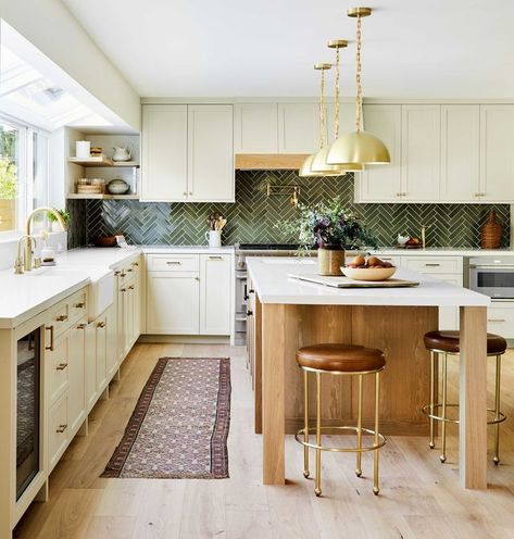 kitchen, cream cabinets, wooden kitchen island, green tiles, backsplash, leather brown stools Fun Interior, Model Dapur, Green Backsplash, Off White Kitchens, Interior Dapur, Instagram Decor, Inner Sanctum, Kabinet Dapur, Decor Western