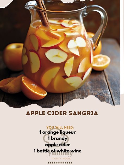 🍎🍷 Looking for a refreshing fall drink? Try this Apple Cider Sangria bursting with seasonal flavors! 🍂🍹 Apple Cider Sangria Ingredients: - 1 bottle of white wine (750ml) - 2 cups apple cider - 1/4 cup brandy - 1/4 cup orange liqueur - 2 apples, sliced - 1 orange, sliced - 1 cinnamon stick - 1/4 tsp ground cinnamon - 1/4 tsp ground nutmeg - 1/4 cup honey Instructions: 1. In a pitcher, combine wine, apple cider, brandy, orange liqueur, apples, orange, cinnamon stick, ground cinnamon, and nut... Thanksgiving Cider, Apple Cider Sangria Recipe, Sangria Ingredients, Cider Sangria, Apple Cider Sangria, Cozy Fall Recipes, Fall Drink, Orange Liqueur, Baking Party