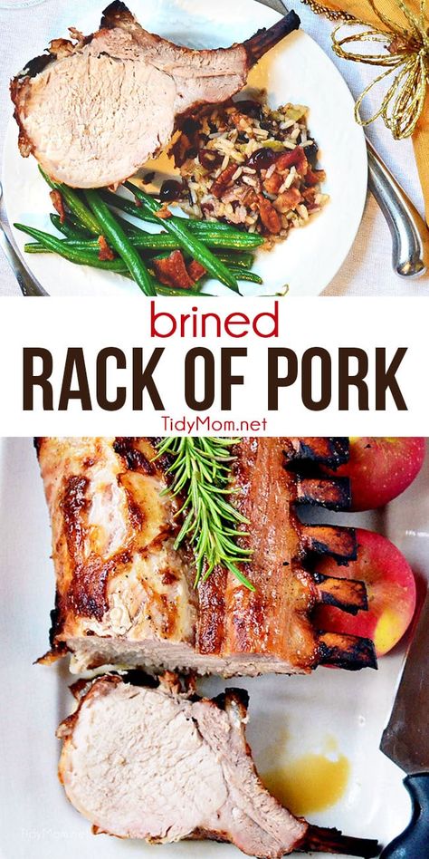 A tender and juicy brined rack of pork makes a beautiful presentation on a  holiday dinner table. Print the full recipe at TidyMom.net  #brine #pork #porkchops #grilling #grillingrecipes #holidayrecipes #dinner #dinnerrecipes #dinnerideas  #dinnertime Pork Brine, Rack Of Pork, Holiday Dinner Table, Roasted Apples, Thanksgiving Desserts Easy, Boiled Food, Smoked Meats, Pig Roast, Pork Dinner