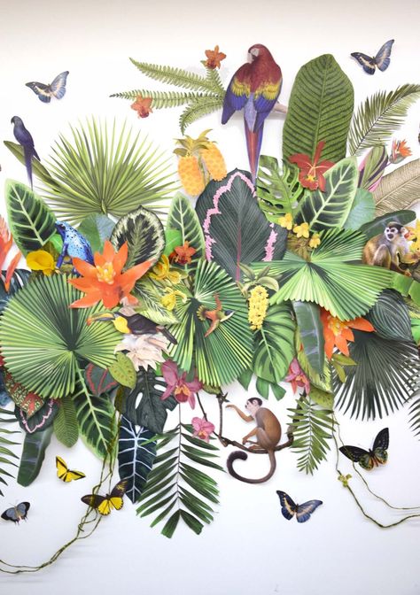 Retail Art Commission for Shopping Center, Three-dimensional paper art collage mural — CLARE CELESTE Jungle Installation, Paper Installation, Nature Collage, Artistic Installation, Tropical Art, Collage Artists, Paper Artist, Commission Art, Paper Sculpture