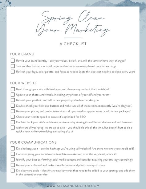 Business Audit Checklist, Spring Marketing Ideas Business, Social Media Audit Checklist, Brand Audit Checklist, Website Audit Checklist, Life Audit Checklist, Instagram Audit, Brand Audit, Website Checklist