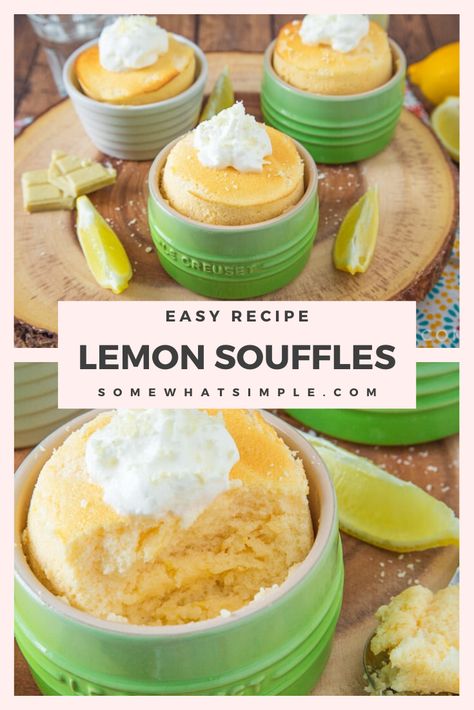 Lemon souffles are light, fluffy and easy to make the perfect.  They are the individually portioned to be just the right amount of dessert!  Made with the ideal amount of fresh lemon flavor, they're the perfect summer treat. #bestlemonsouffles #howtomakelemonsouffles #easysoufflerecipe #homemadesouffles #lemondessert Souffle Recipes Easy, Lemon Souffle, Lemon Desserts Easy, Souffle Recipe, Easy Summer Dessert, Souffle Recipes, Lime Cake, Lemon Flavor, Sweet Tart