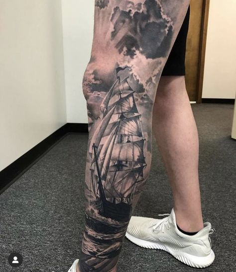 Ship Tattoo Sleeves, Calf Sleeve Tattoo, Sailing Tattoo, Nautical Tattoo Sleeve, Calf Tattoo Men, The Best Tattoos, Pirate Tattoo, Sea Tattoo, C Tattoo