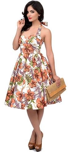 Hell Bunny 1950s Style Brown & Orange Hibiscus Floral Kaila Tiki Halter Swing Dress Dapper Dress, Orange Dress Summer, 1950s Fashion Women, Orange Hibiscus, Halter Dress Summer, Hawaiian Hibiscus, 1950s Style, Hawaiian Dress, 1950s Dress