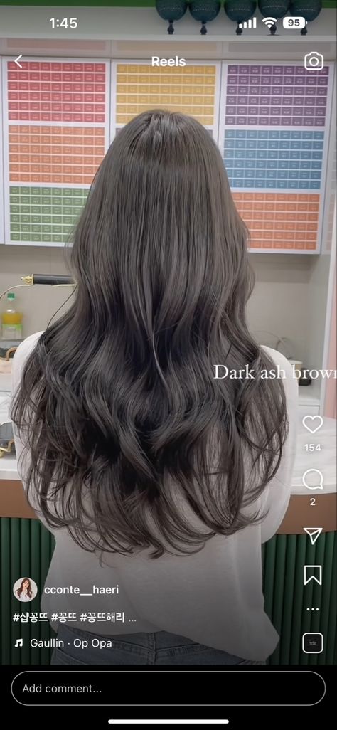 Dark ash brown color Ash Brown Hair Asian Dark, Dark Ash Hair Color Brown, Cool Tone Asian Hair, Ash Dark Brown Hair Color, Mushroom Brown Hair Asian, Dark Brown Hair Ash, Ash Dark Brown Hair, Dark Hair Asian, Deep Ash Brown Hair