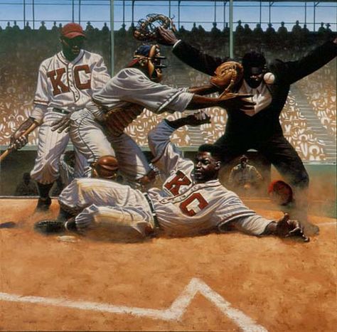 Jackie Robinson steals home past Cleveland Buckeye catcher, Quincy Trouppe by Kadir Nelson Kansas City Monarchs, Slide Illustration, Baseball Artwork, Prince James, Kadir Nelson, Baseball Painting, Mlb Uniforms, Black Paintings, Baseball Art