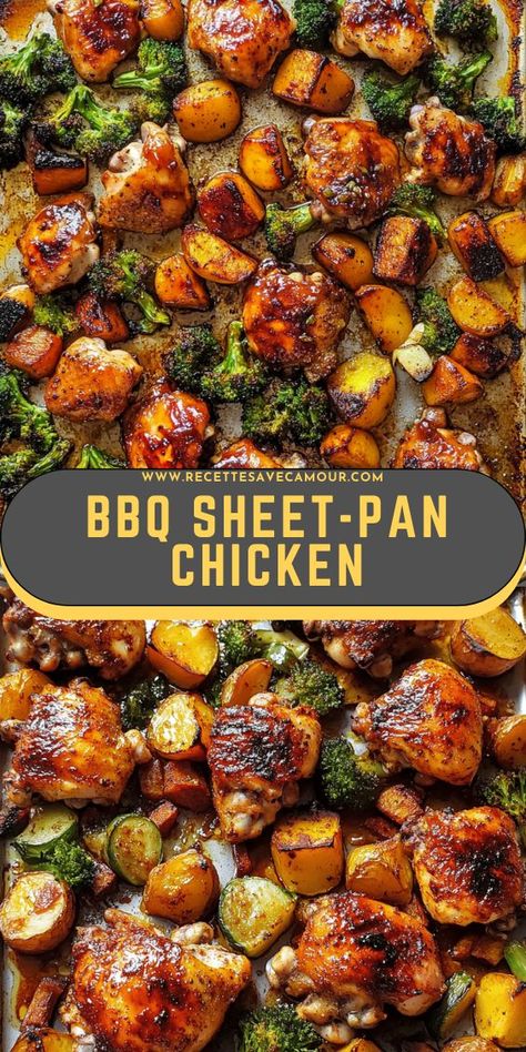 An easy and flavorful one-pan meal! This BBQ Sheet-Pan Chicken is roasted to perfection with a smoky-sweet barbecue glaze and paired with tender veggies. Perfect for a simple and delicious dinner with minimal cleanup! Bbq Chicken And Broccoli, Easy Gluten Free Sheet Pan Dinners, Sheet Pan Bbq Chicken And Potatoes, Bbq Chicken And Veggies, Grilled Chicken With Vegetables, Bbq Sheet Pan Chicken, Chicken One Sheet Pan Meals, One Pan Roasted Chicken And Vegetables, Sheet Pan Kabobs