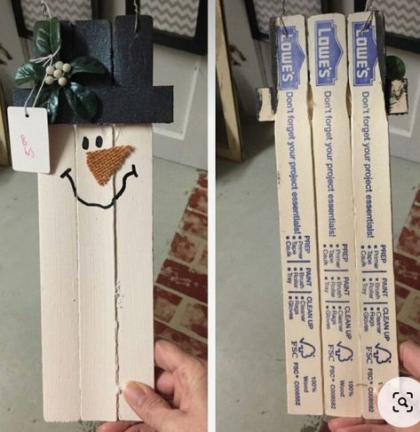 Paint Stick Christmas Tree Diy, Diy Paint Stir Sticks Craft Ideas, Paint Stick Snowman Craft, Crafts Using Paint Sticks, Paint Stick Fall Crafts, Paint Stick Crafts Diy Projects Christmas, Paint Stick Christmas Tree, Christmas Paint Stick Crafts, Painted Wood Crafts Ideas