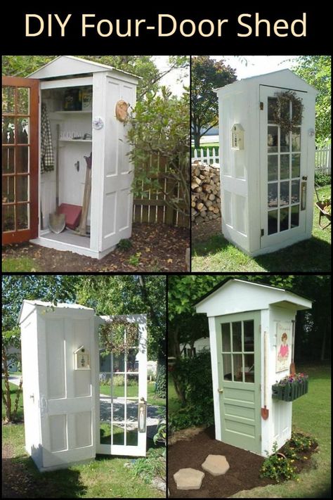 This little DIY four-door shed is perfect as it can be used as garden tools storage. Diy Garden Shed Cheap Simple, Diy Outdoor Tool Storage, Tool Shed Diy, Mini Garden Shed, Door Sheds, Garden Tools Storage, Outdoor Tool Storage, Shed Landscaping, Outdoor Shed