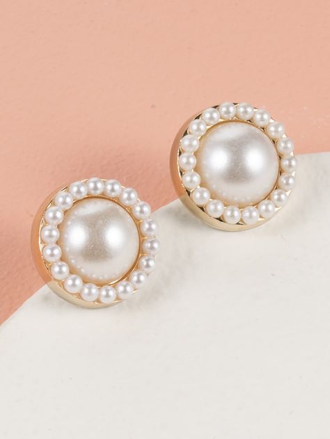 White Elegant   Polyresin  Stud Embellished   Jewelry Pearl Decor, Pearl Jewellery, Square Stud, Round Stud Earrings, Round Decor, Co Ord Set, Shein Style, Co Ord, Pearl Jewelry