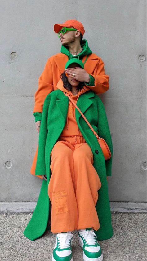 Orange And Green Outfit Streetwear, Worship Photoshoot, Black Outfits For Women Party, Orange Green Outfit, Green Orange Outfit, Orange Green Aesthetic, Green And Orange Outfit, Orange And Green Outfit, Black Outfits For Women