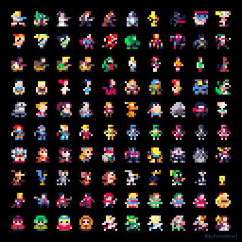 Hey folks! Here's my new set of 100 famous characters, 8x8 pixels, using a 16 colors palette!#pixelart #dotpic #ドット絵 #pico8 #8bitpic.twitter.com/6CJwLT5zWf 8x8 Sprites, 8x8 Pixel Art, 16 Bit Pixel Art, Pixel Art Character Design, Pico 8, Pixels Movie, C2c Squares, Pixel Art Animation, Pixel Game