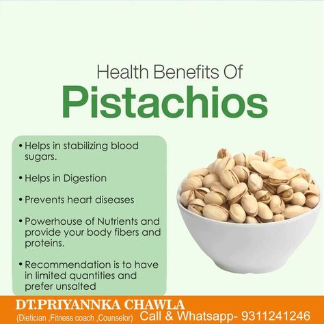 Health benefit of Pistachios Dt priyannka Chawla ( Dietician,Fitness Coach, Counselor ) Call & Whatsapp- 9311241246 ... ✅High in antioxidants ✅Low in calories yet high in protein ✅May aid weight loss ✅Promote healthy gut bacteria ✅May lower cholesterol and blood pressure ... #nutrition #pistachios #fiber #highinprotein #dietician #dieticiantips #weightloss #bloodpressure #dtpriyannkachawla Pistachio Benefits, Pistachio Health Benefits, Gut Bacteria, Lower Cholesterol, Healthy Gut, Fitness Coach, Call Whatsapp, Blood Pressure, Pistachio