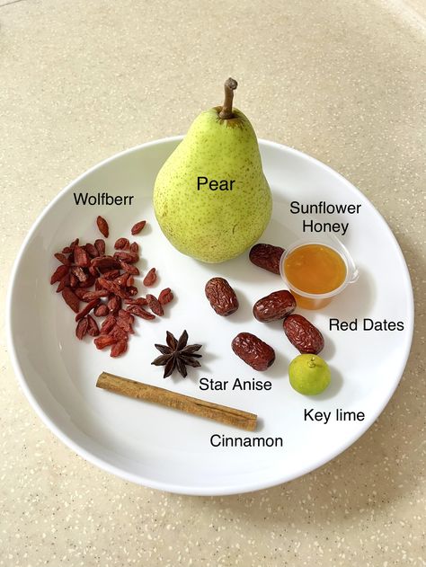 Ingredients - Pear, Sunflower Honey, Red Dates, Wolfberry, Key Lime, Star Anise, Cinnamon, Water. Method - 1. Soak red dates in water for 20 mins 2. In a sauce pan fill with 2 glass of water- place the pear (firm type) in the centre of pan & add in red dates, gojiberry, Star Anise & Cinnamon 3. Over medium heat- boil soup - till the pears cooked- add in honey & lime juice- boil for another 5 mins. Done! Asian Pear Recipes Healthy, Asian Pear Jam, Chinese Pear Soup, Asian Pear, Winter Melon Soup Chinese, Red Dates, Breastfeeding Diet, Chinese Dessert, Honey Lime