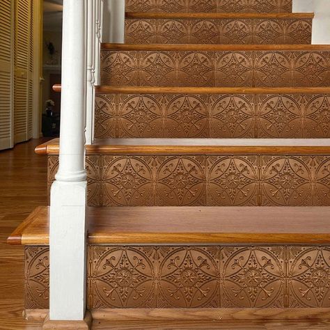 Wood And Tile Stairs, Copper Stair Risers, Tiled Stairs, Tiles Stairs, Staircase Decoration, Industrial Tile, Stair Art, Tile Steps, Mosaic Tile Stickers