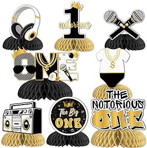 Notorious One Birthday, Birthday Decorations Black, Black And Gold Centerpieces, Notorious One, Kids Party Centerpieces, 3d Table, Theme First Birthday, 1st Birthday Party Favors, Inflatable Party Decorations