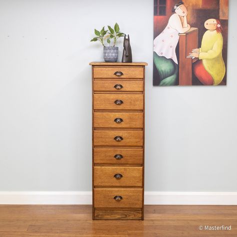 7433V - Antique Vintage Oak Chest of Drawers x 8 / Tall Lingerie Drawers | Masterfind Tall Vintage Dresser, Oak Chest Of Drawers, Tall Dresser, Tall Boys, Lingerie Drawer, Vintage Dressers, Floor Space, Chest Of Drawers, Antique Vintage