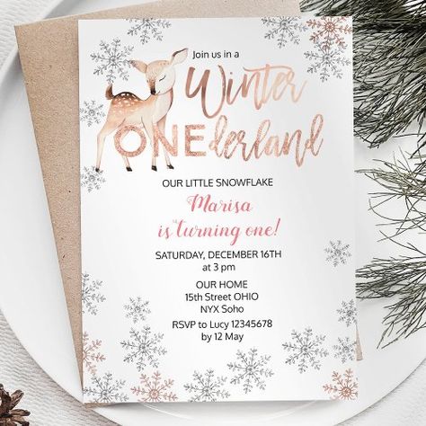 Deer Winter ONEderland Birthday Invite Rose Gold for $2.92 - Birthday Invitations Winter Onederland Party Girl, Winter Onederland First Birthday, Winter Onederland Birthday Invitations, First Birthday Winter, Winter Birthday Invitations, Snowflake Invitations, Deer Winter, Winter Onederland Birthday Party, 92nd Birthday