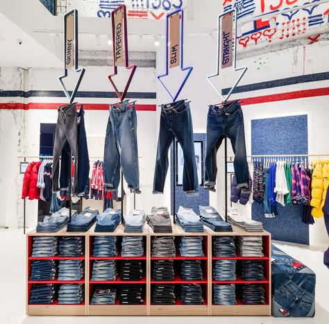 Tommy Hilfiger Stores — .PLANQ Pants Display, Denim Wall, Denim Display, Denim Bar, Tommy Hilfiger Shop, Clothing Store Design, Retail Interior Design, Jeans Store, Recycle Jeans