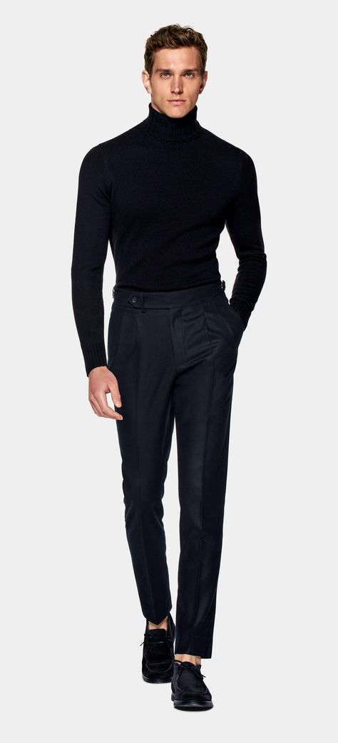 Navy Turtleneck | Wool Cashmere | SUITSUPPLY Turtleneck Outfit Layering Men, Turtle Neck Outfit Men, Turtleneck Outfit Men, Black Turtleneck Outfit, Navy Turtleneck, Beatnik Style, Dapper Gentleman Style, Black Outfit Men, Turtle Neck Men