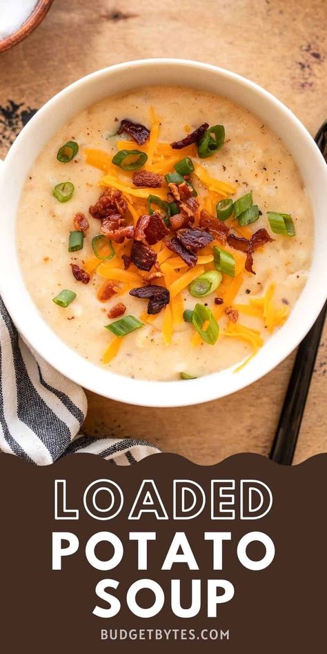 Loaded Potato Soup is like your favorite baked potato with all the fixins, like bacon, sour cream, green onion, and cheese, but in a bowl! BudgetBytes.com Budget Bytes Recipes, Potato Soup Loaded, Loaded Potato Soup, Loaded Baked Potato Soup, Budget Bytes, Bacon And Cheese, Baked Potato Soup, Egg Free Recipes, Loaded Potato